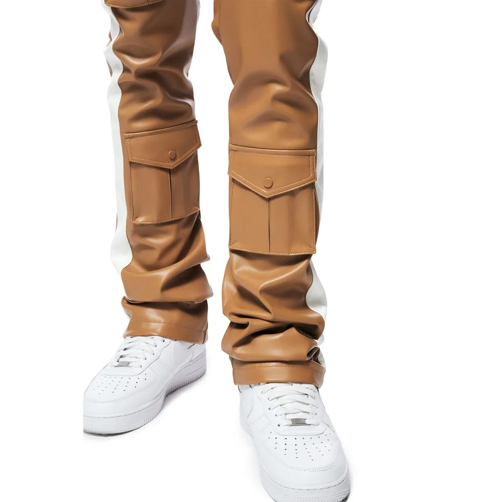 Stacked Striped Vegan Leather Cargo Pants - Tan