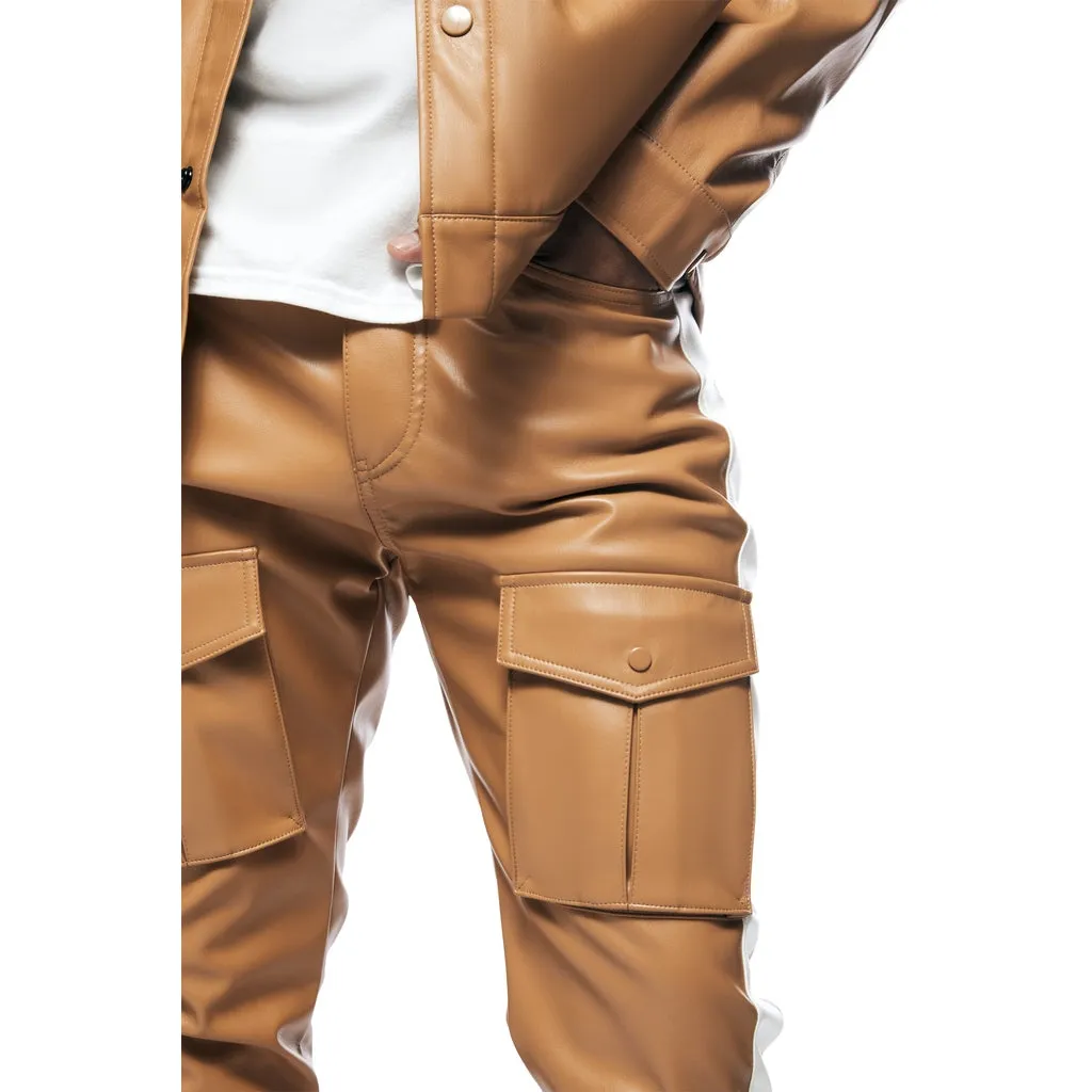 Stacked Striped Vegan Leather Cargo Pants - Tan