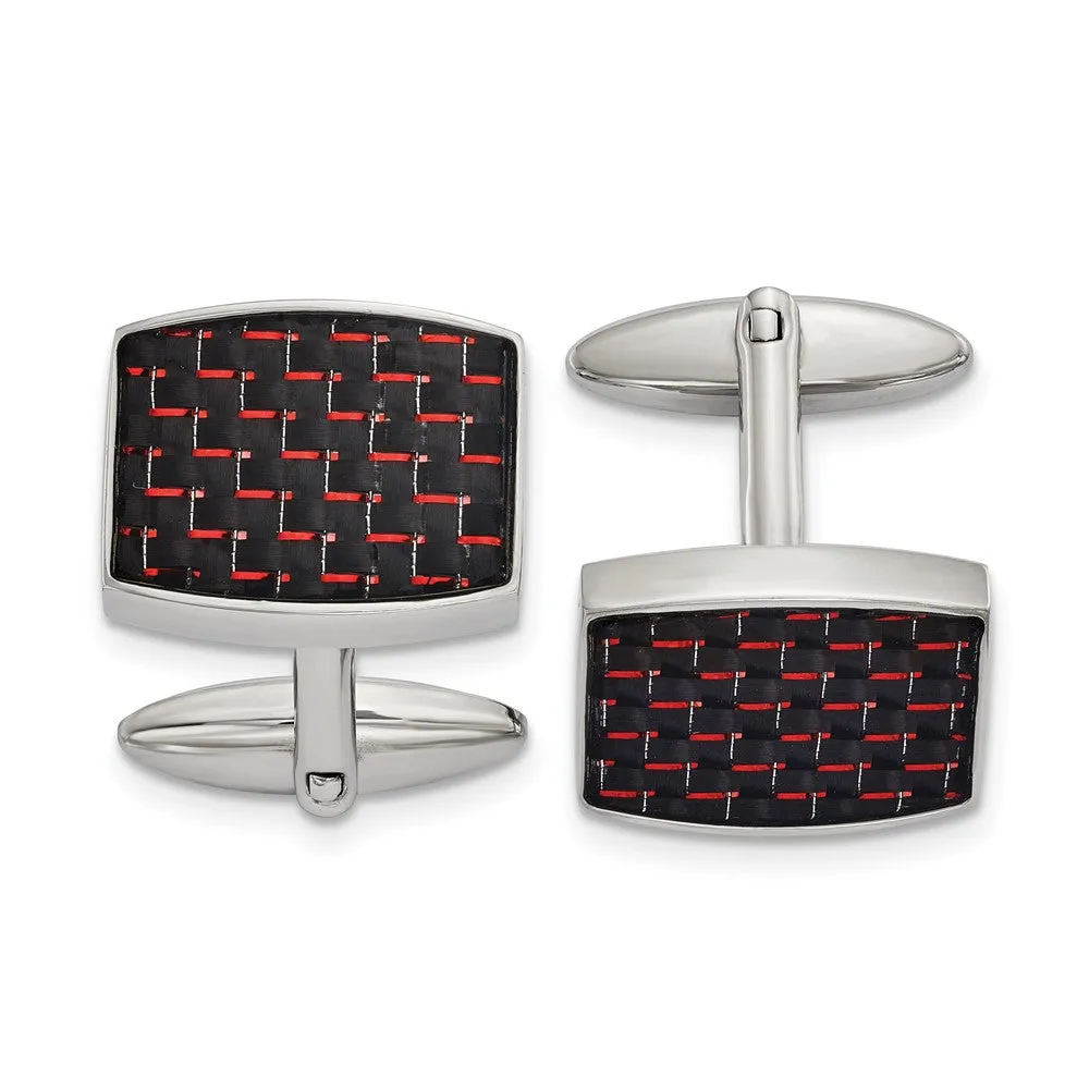 Stainless Steel, Black & Red Carbon Fiber Rectangle Cuff Links 19x14mm