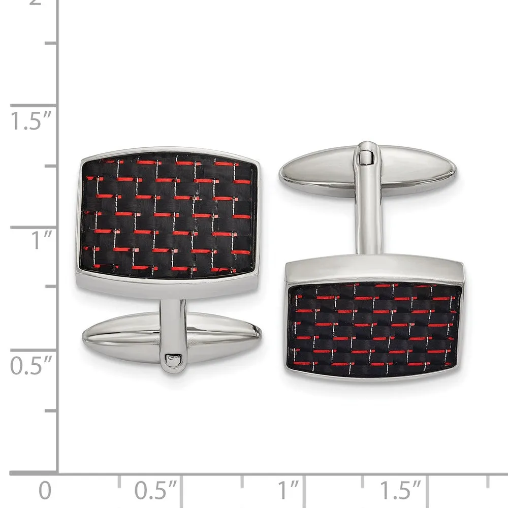 Stainless Steel, Black & Red Carbon Fiber Rectangle Cuff Links 19x14mm