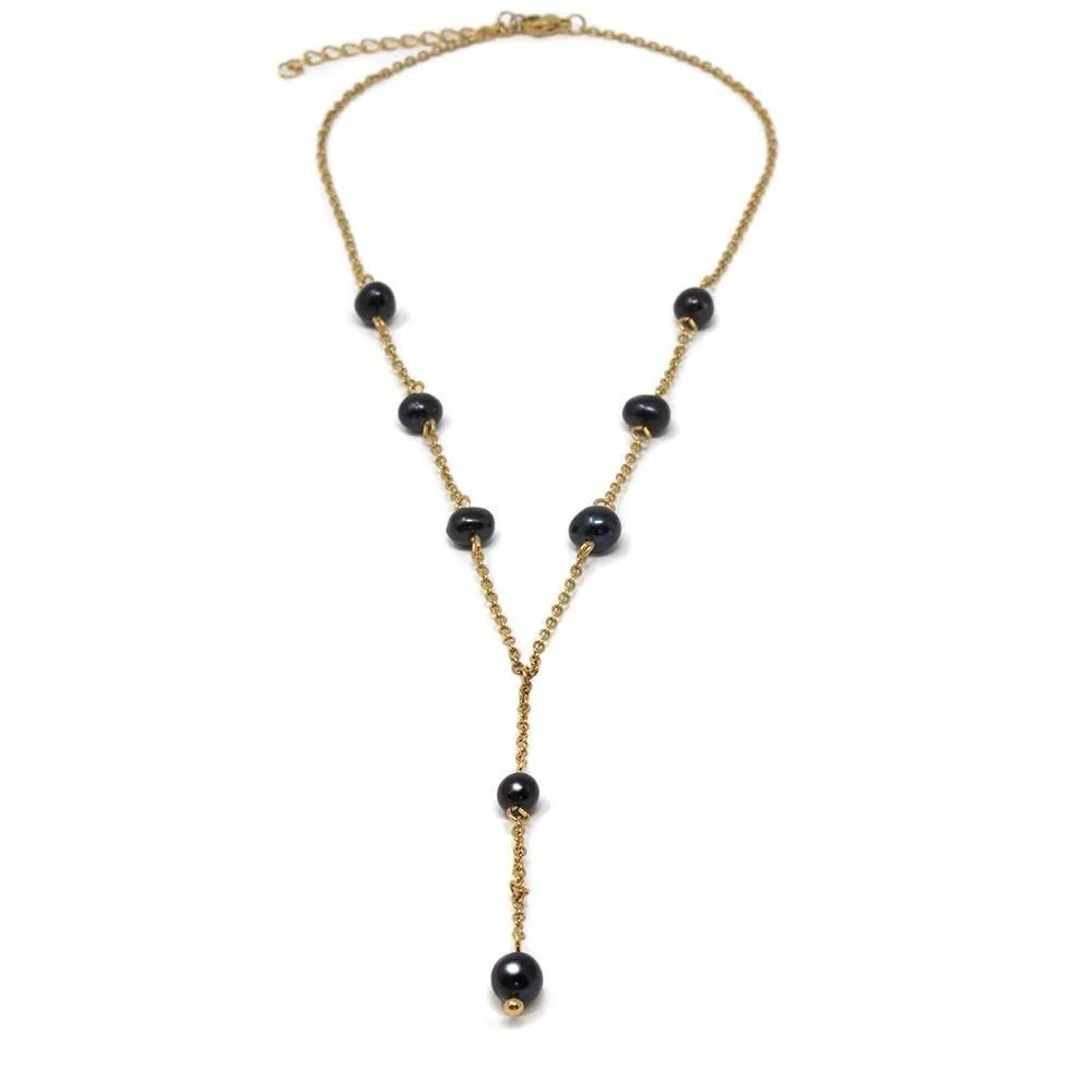 Stainless Steel Black Pearl Station Necklace Gold Plated