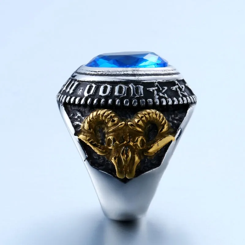 Stainless Steel Black Stone Antelope Skull Ring