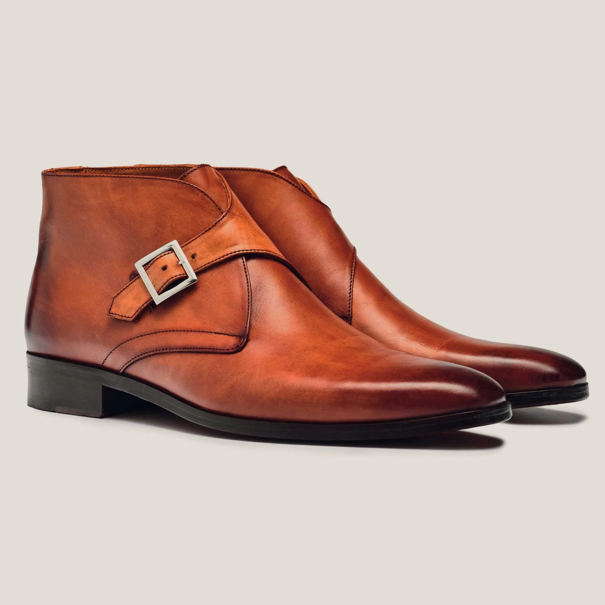 Stockholm Cognac Brown Leather Monk Strap Boots