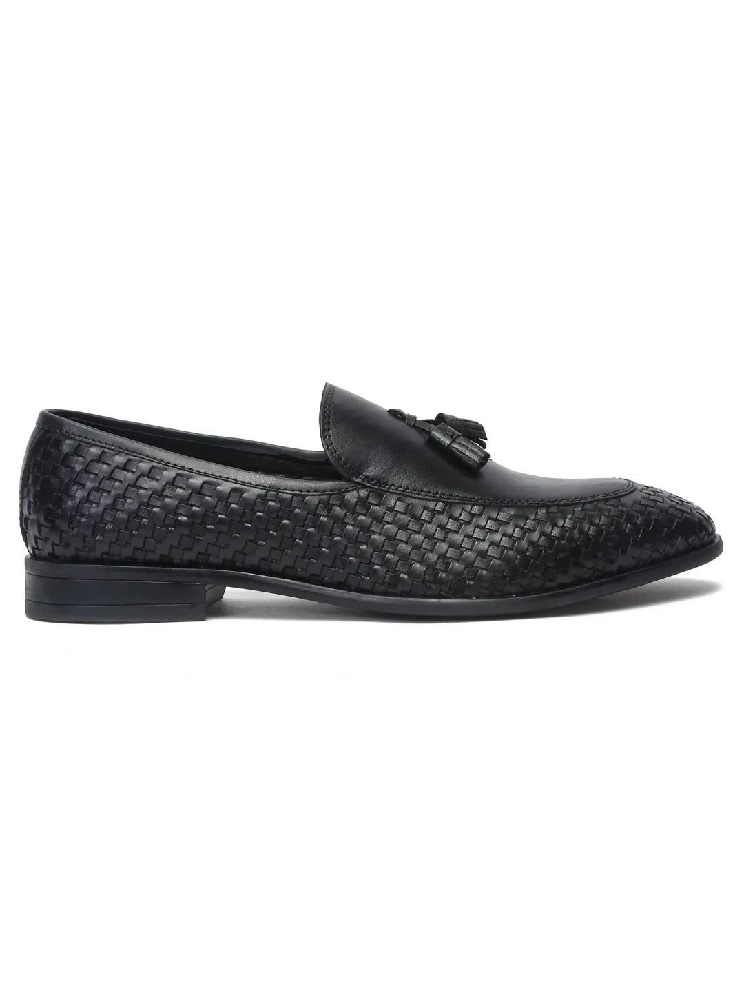 Teakwood Leather Men Black Basket Weave loafers