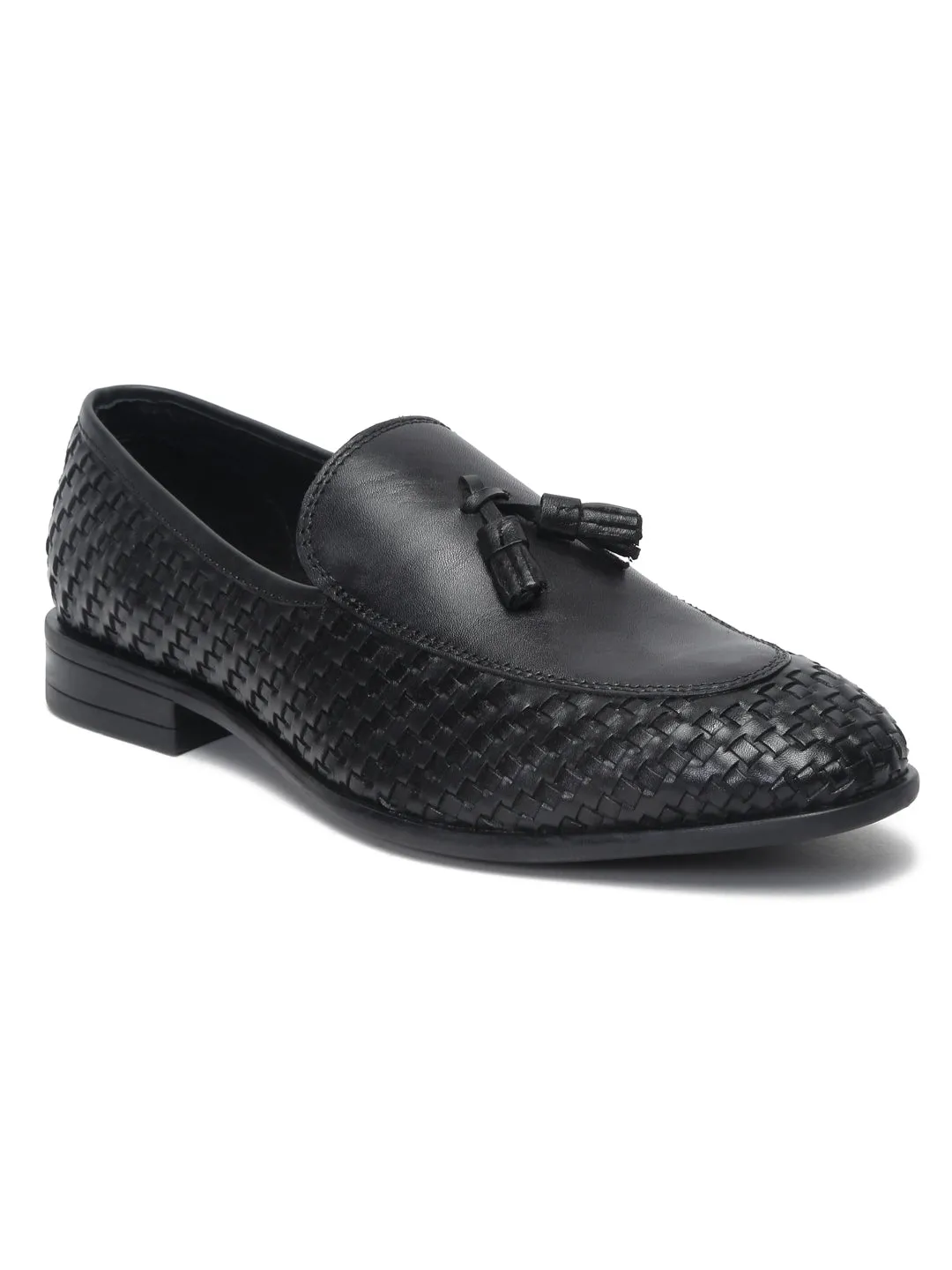 Teakwood Leather Men Black Basket Weave loafers