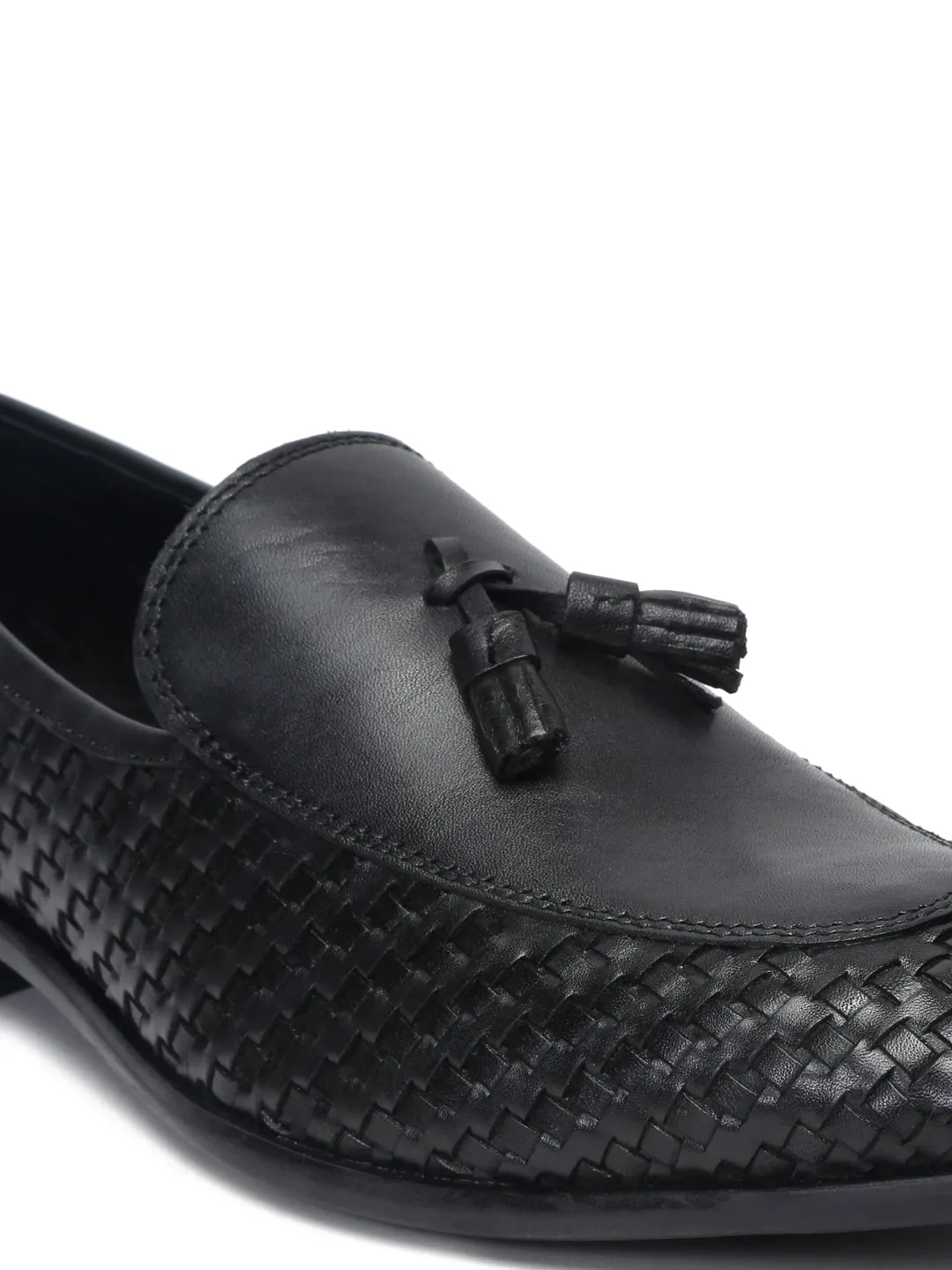 Teakwood Leather Men Black Basket Weave loafers