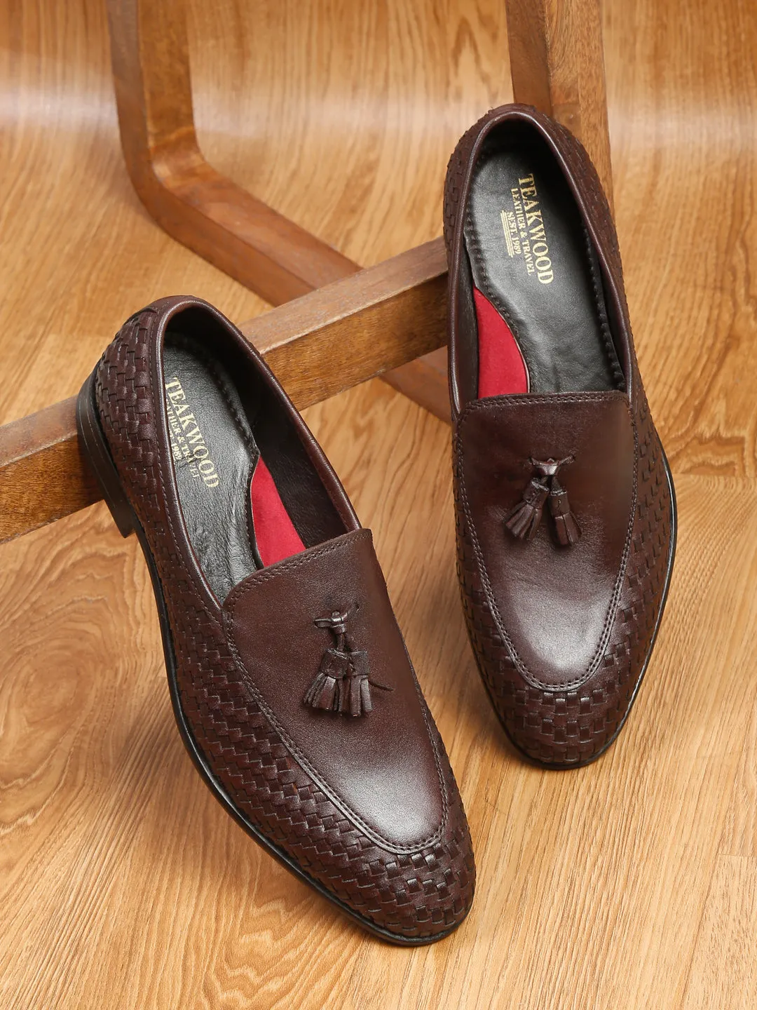 Teakwood Leather Men Brown Basket Weave Loafers