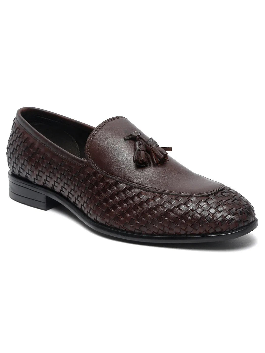 Teakwood Leather Men Brown Basket Weave Loafers