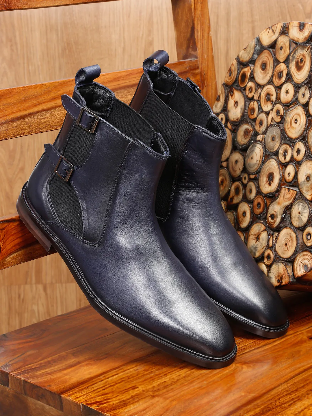 Teakwood Leather Men Solid Navy Monk Boots