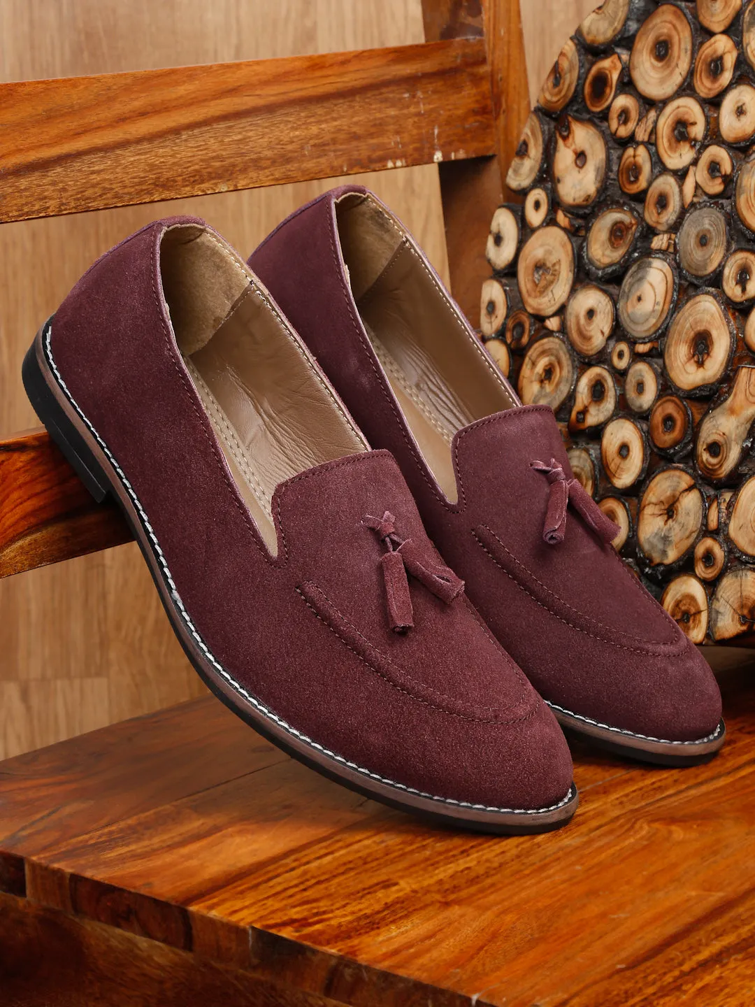 Teakwood Leather Men Solid Purple Round-Toe Tasseled Loafers - Clearance sale