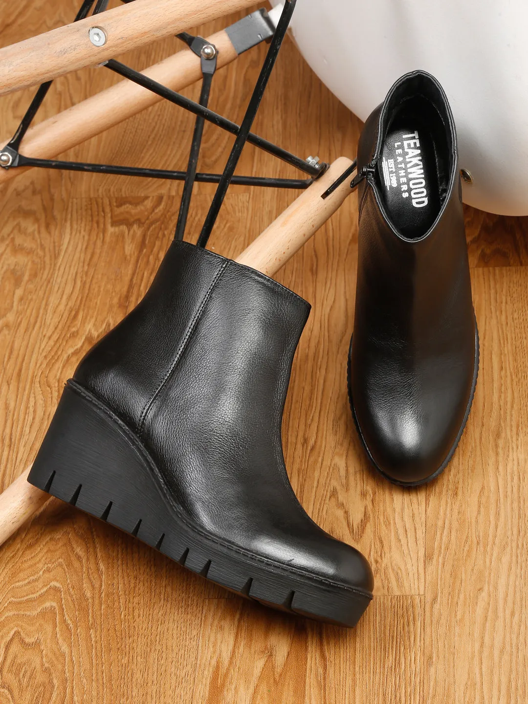 Teakwood Leathers Women Black Solid Leather Mid-top Wedges Boots