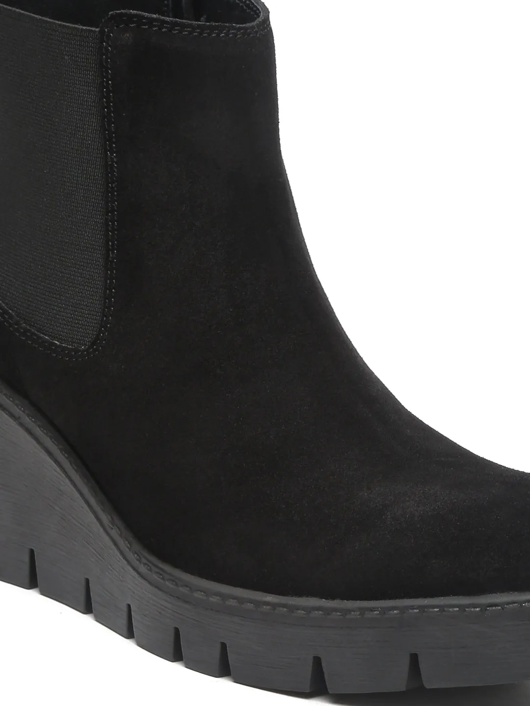 Teakwood Leathers Women Black Solid Suede Mid-top Wedges Boots