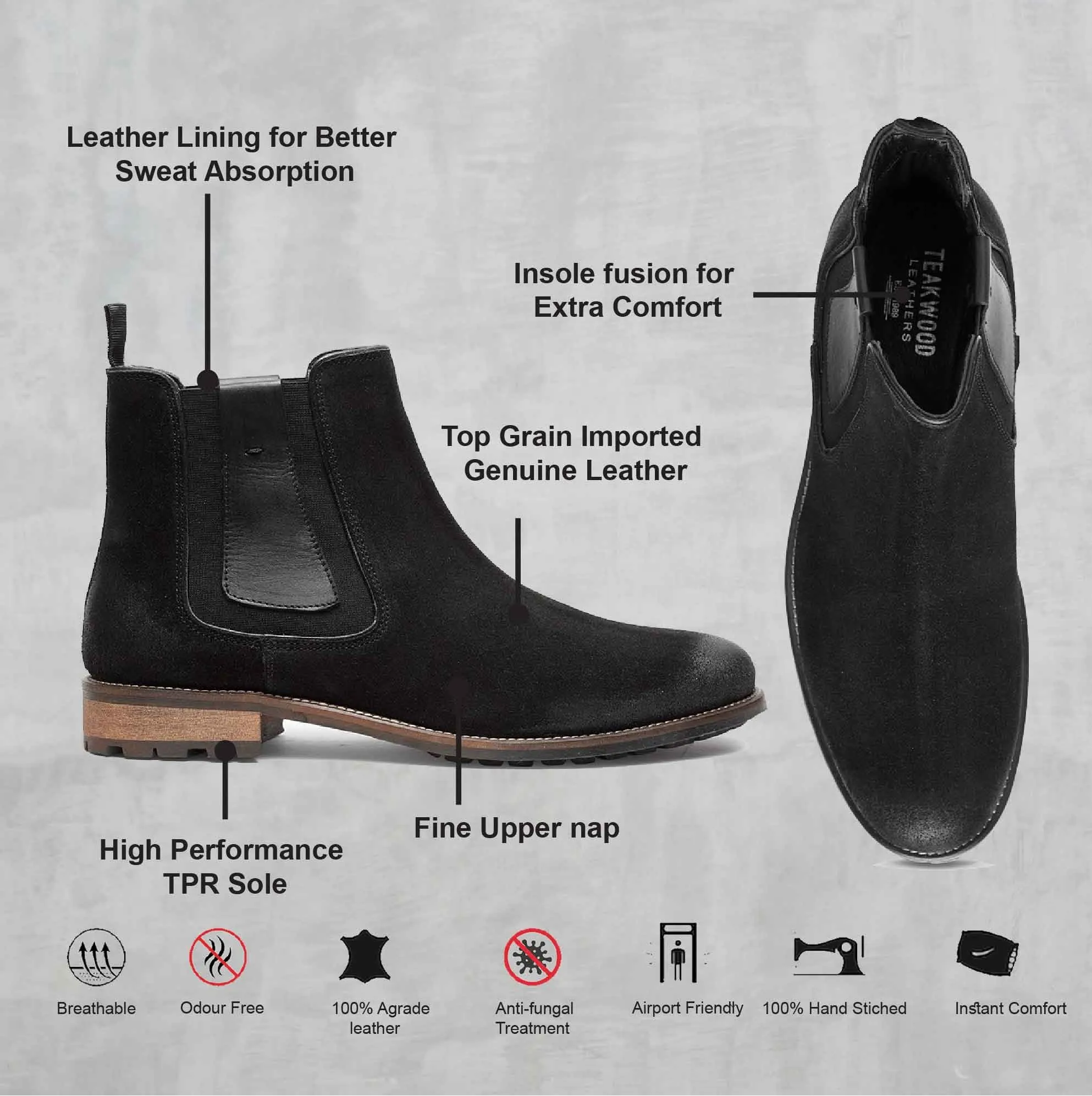 Teakwood Men Black Solid Suede Leather High-Top Flat Boots - Clearance sale