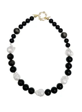 Timeless Nugget Black Obsidian with Baroque Pearls Chunky Necklace LN067