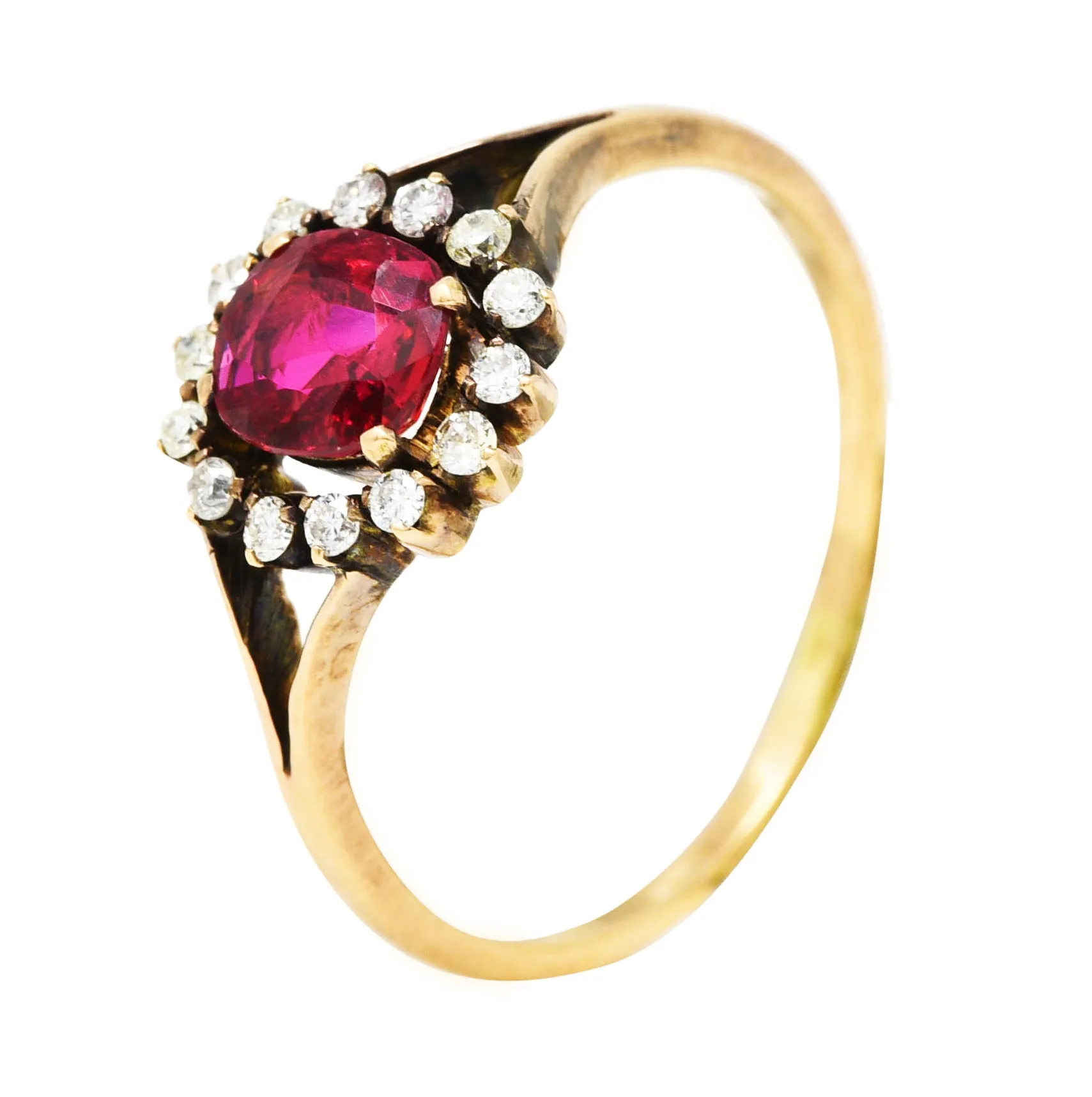 Victorian Red Spinel Diamond 14 Karat Yellow Gold Antique Cluster Ring