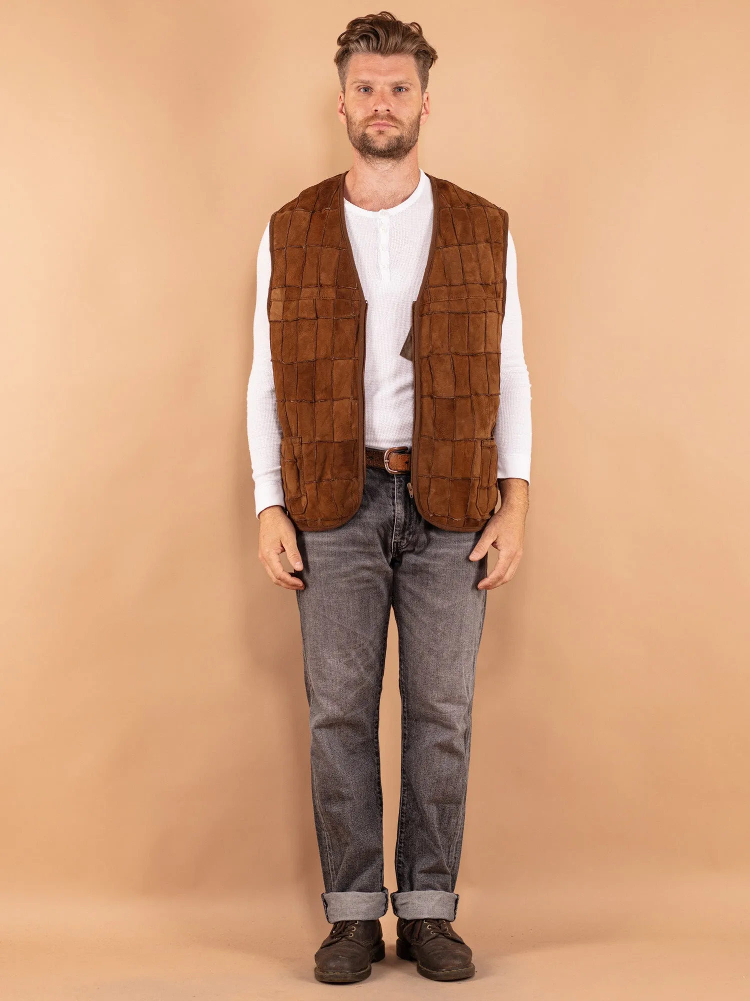 Vintage 70's Men Patchwork Sheepskin Vest in Brown