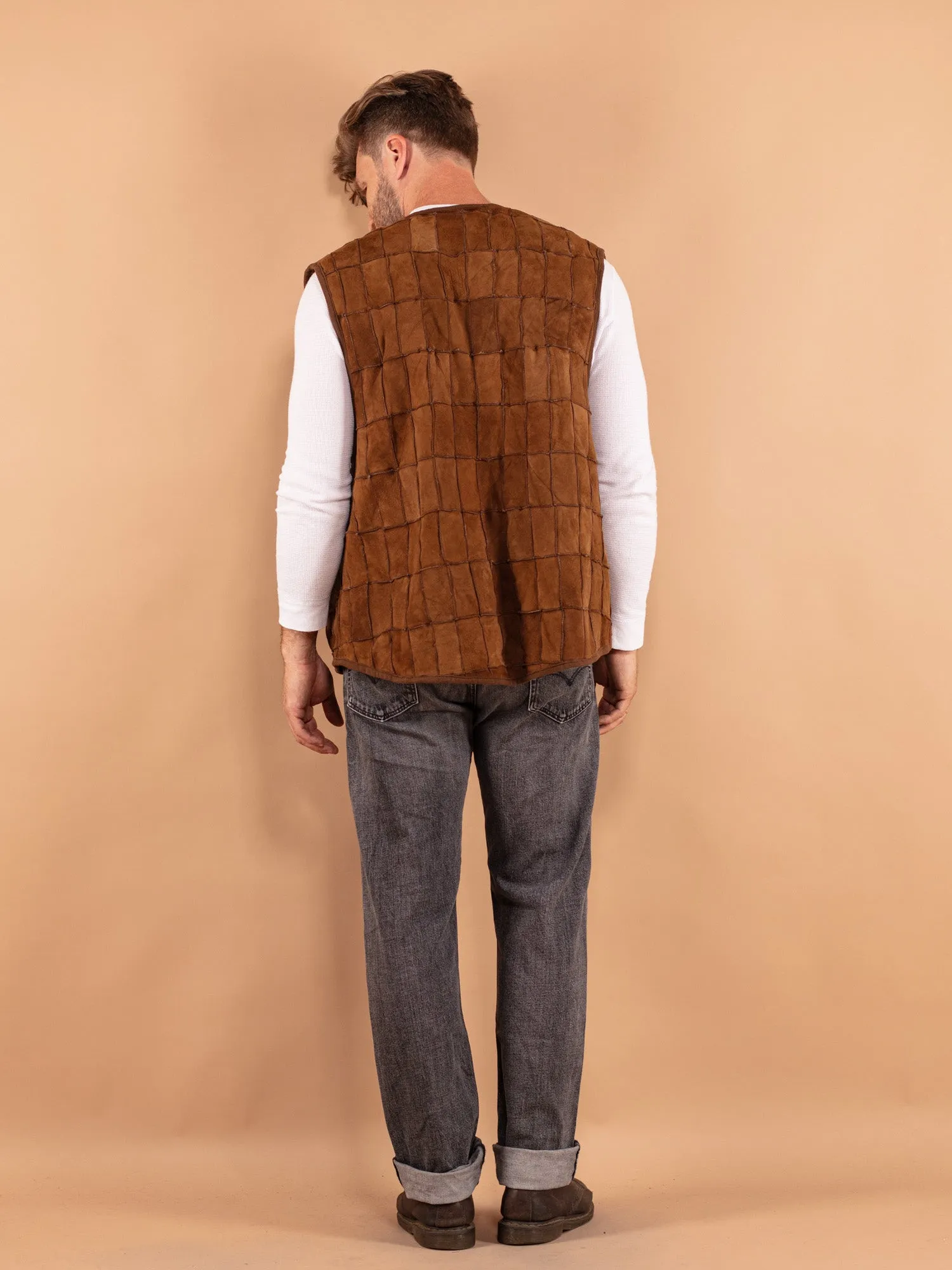 Vintage 70's Men Patchwork Sheepskin Vest in Brown