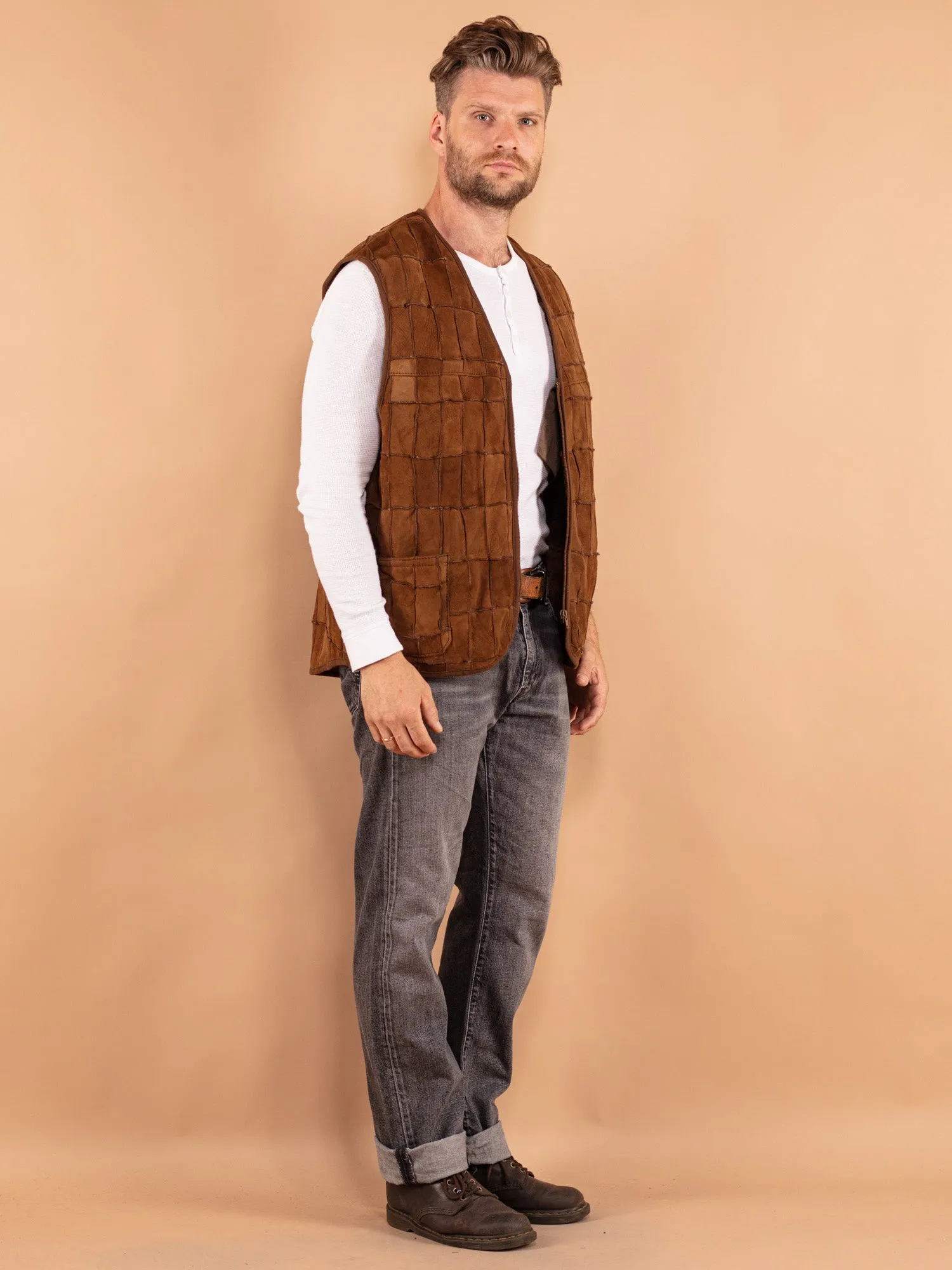 Vintage 70's Men Patchwork Sheepskin Vest in Brown