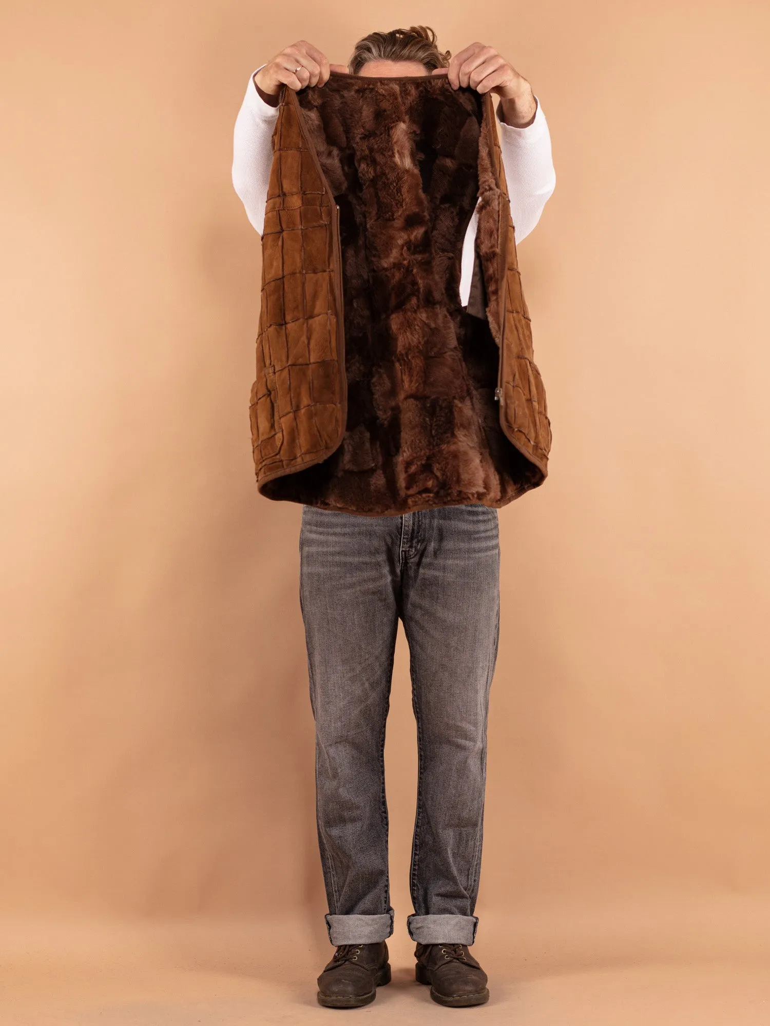 Vintage 70's Men Patchwork Sheepskin Vest in Brown