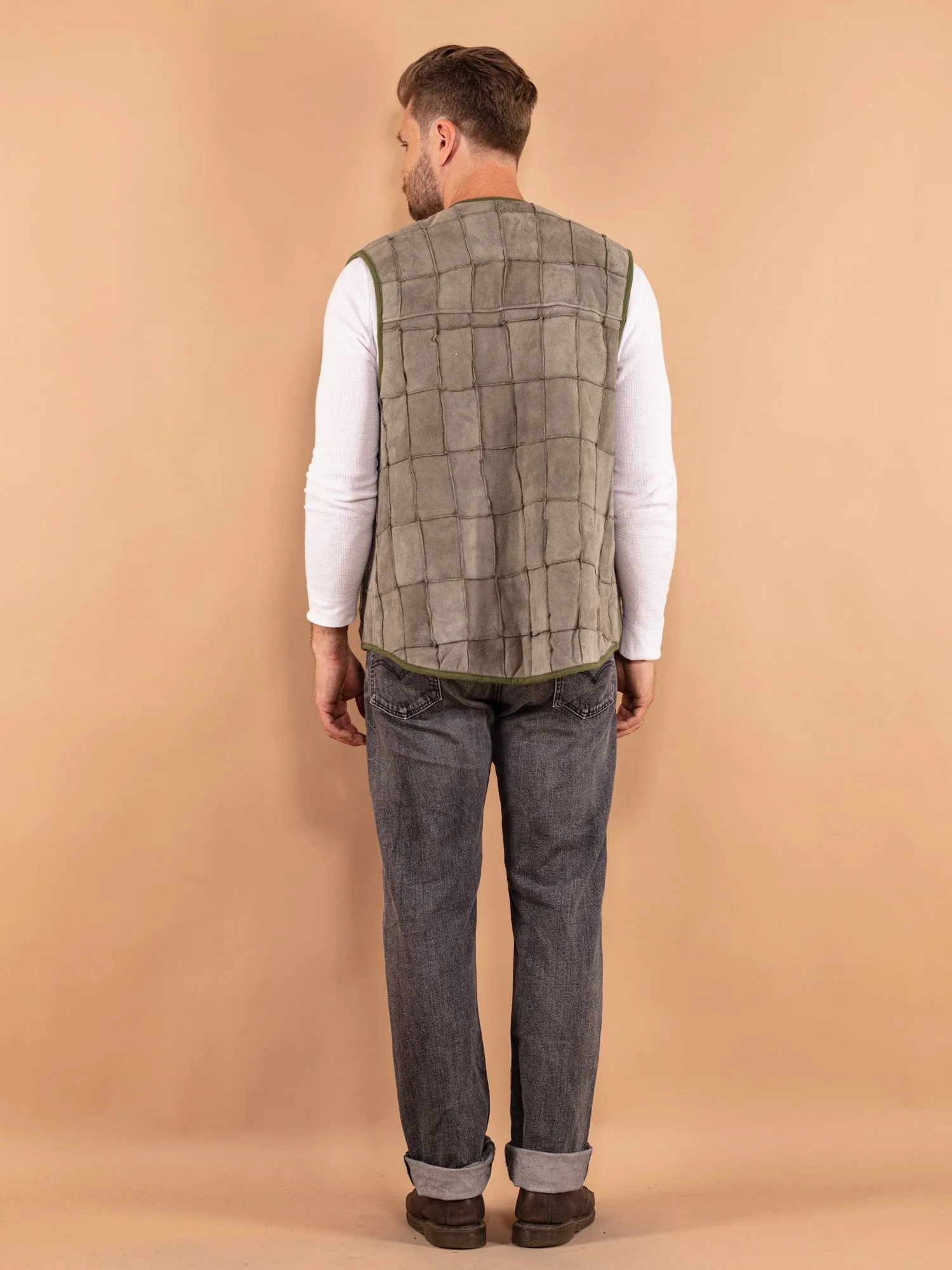 Vintage 70's Men Patchwork Sheepskin Vest in Green