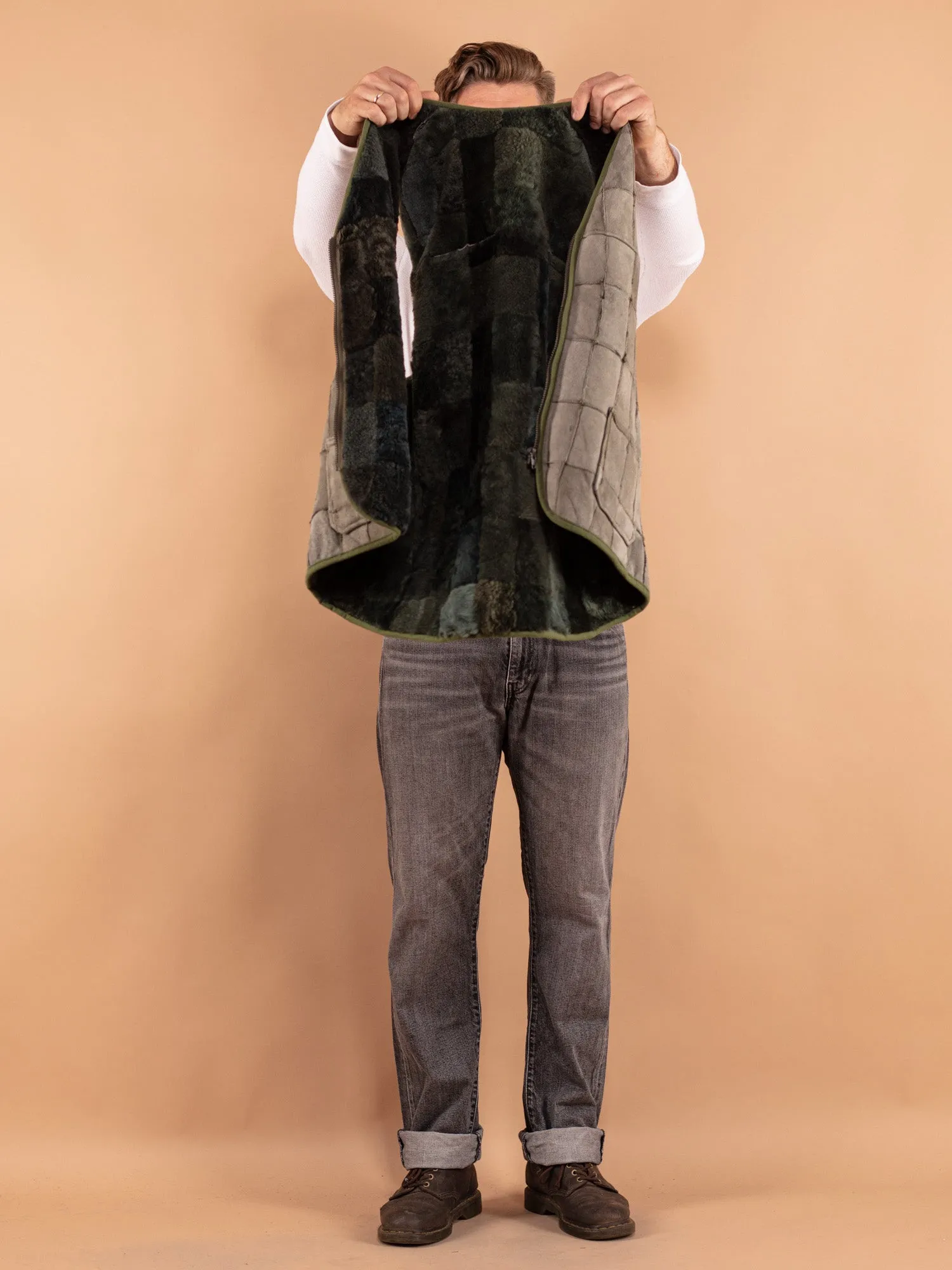 Vintage 70's Men Patchwork Sheepskin Vest in Green