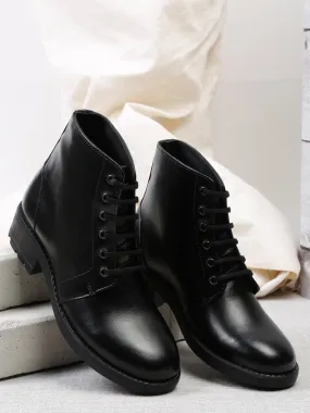 Women Black Solid Genuine Leather Mid-Top Laceup Boots