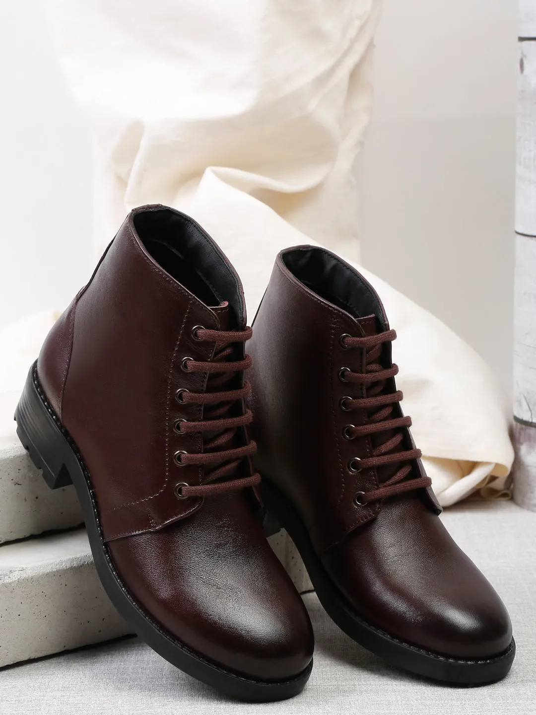 Women Brown Solid Genuine Leather Mid-Top Laceup Boots