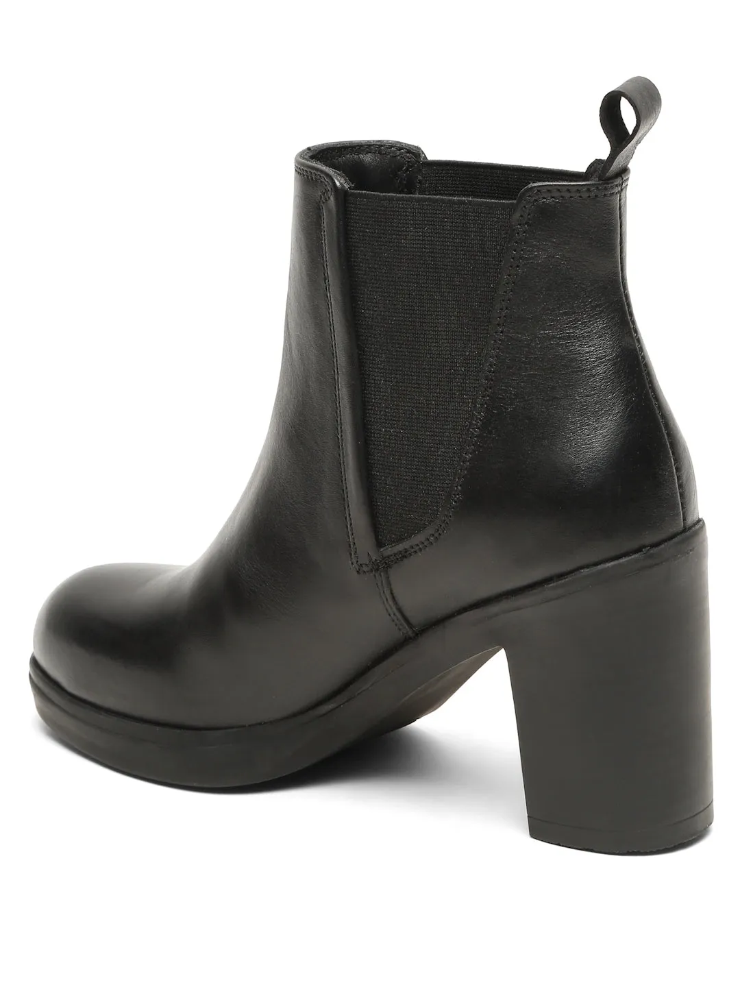 Women's Black Solid Leather Mid - Ankle High Heeled Boots