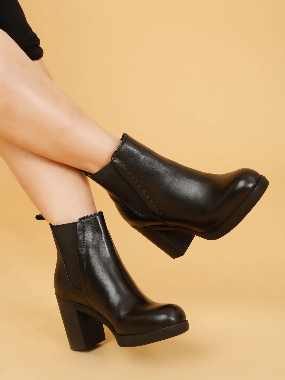 Women's Black Solid Leather Mid - Ankle High Heeled Boots