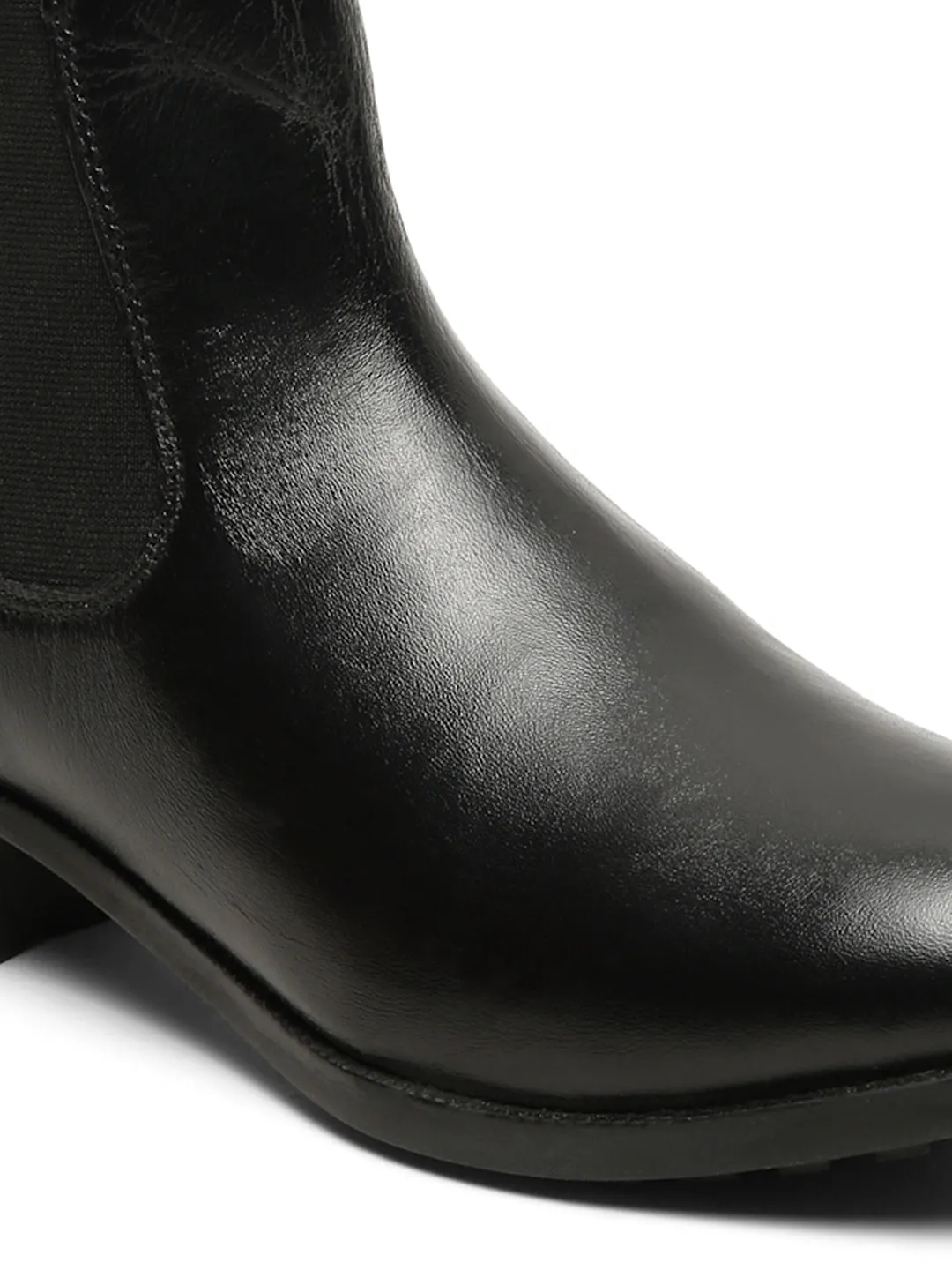 Women's Black Solid Leather Slip-On Blocked Heel Boots