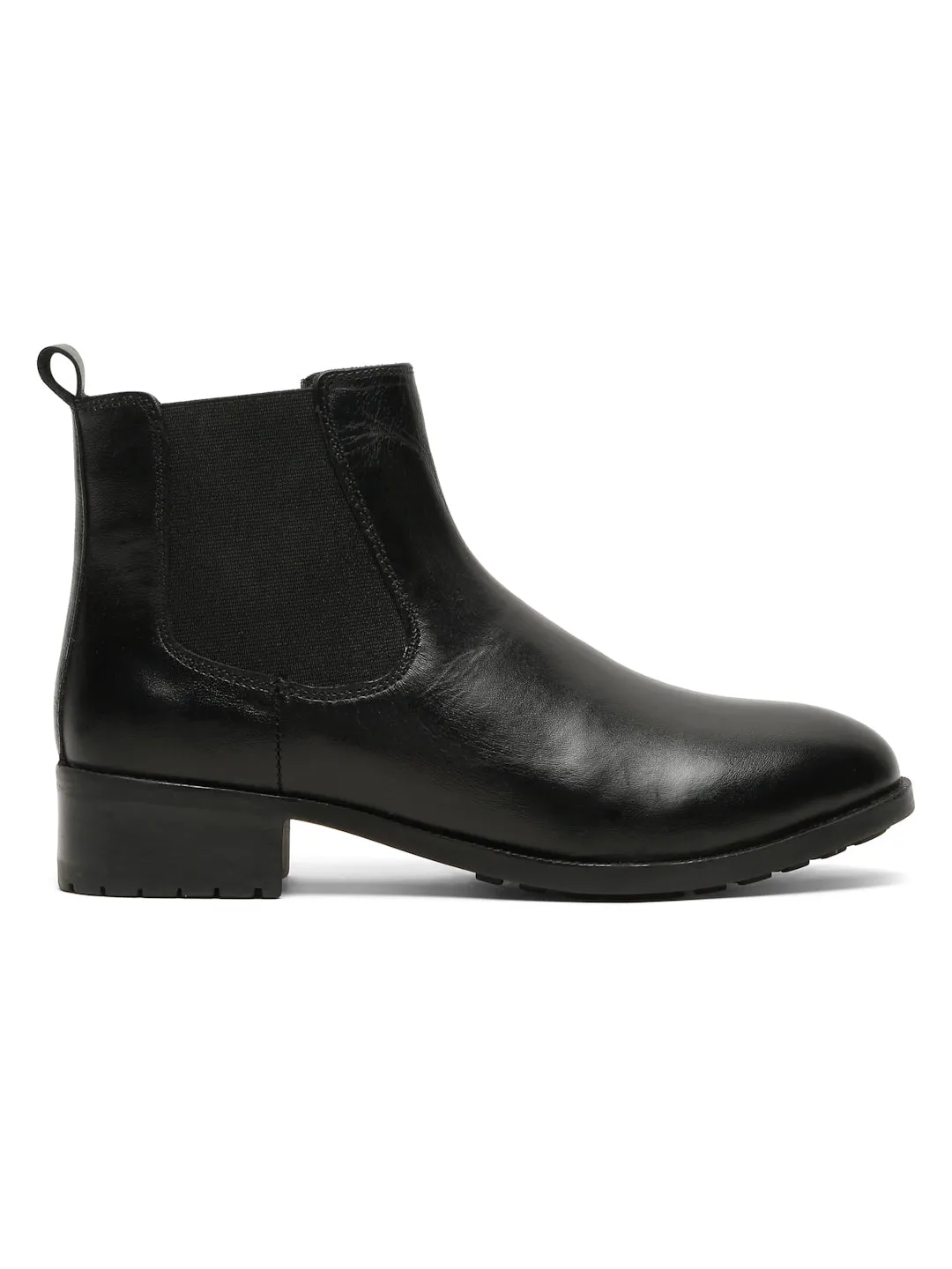 Women's Black Solid Leather Slip-On Blocked Heel Boots