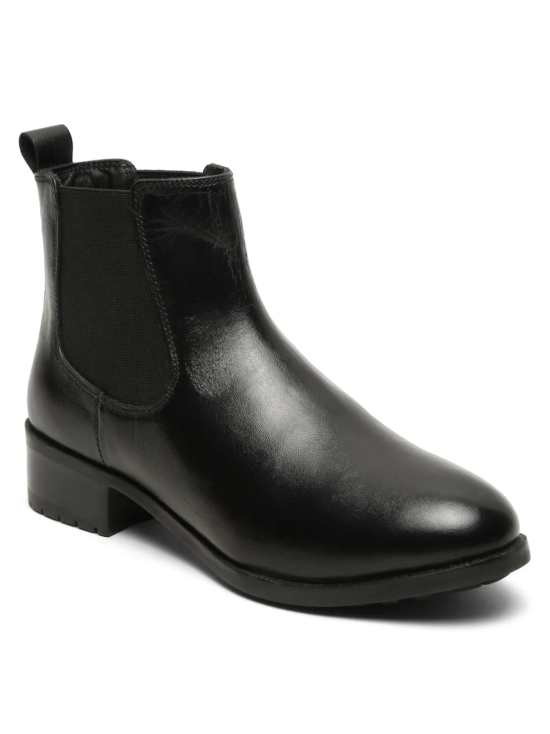 Women's Black Solid Leather Slip-On Blocked Heel Boots