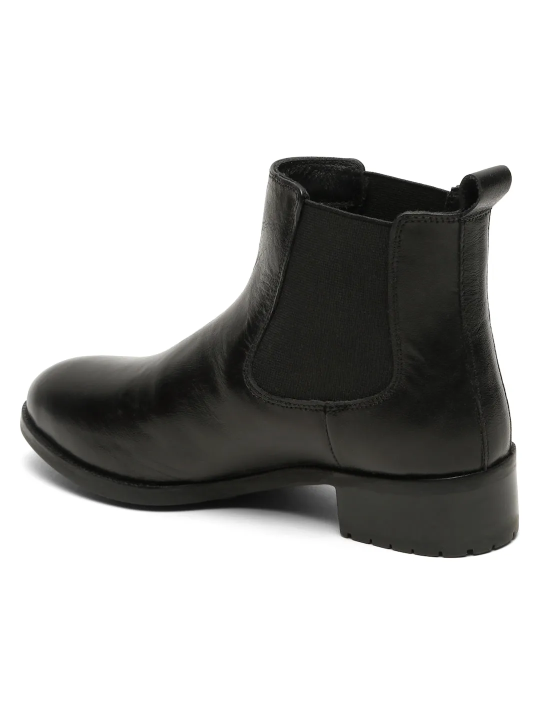 Women's Black Solid Leather Slip-On Blocked Heel Boots