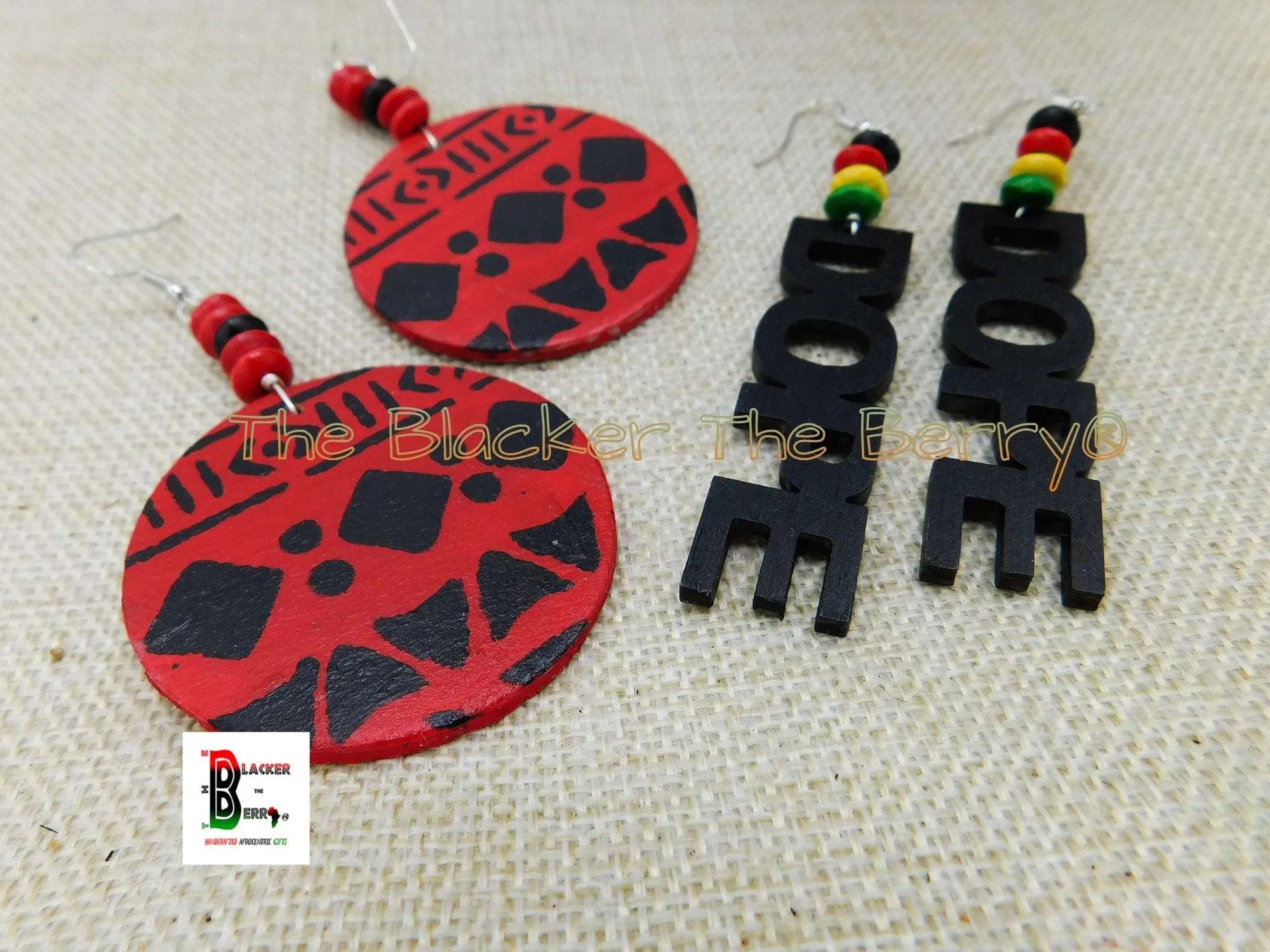 Wooden Earrings Ethnic Tribal Red Hand Painted Jewelry Black Dope Handmade Black Business