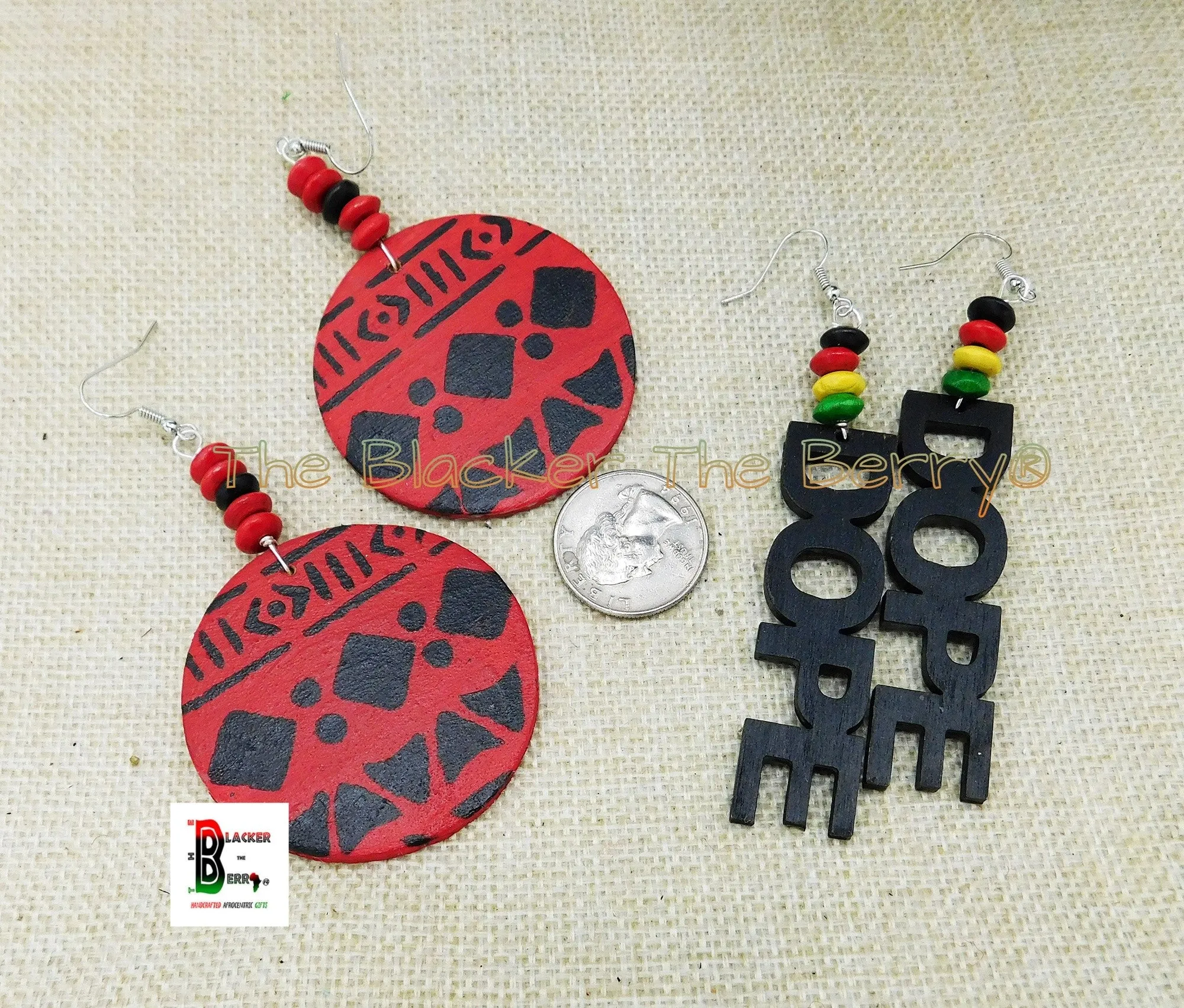 Wooden Earrings Ethnic Tribal Red Hand Painted Jewelry Black Dope Handmade Black Business