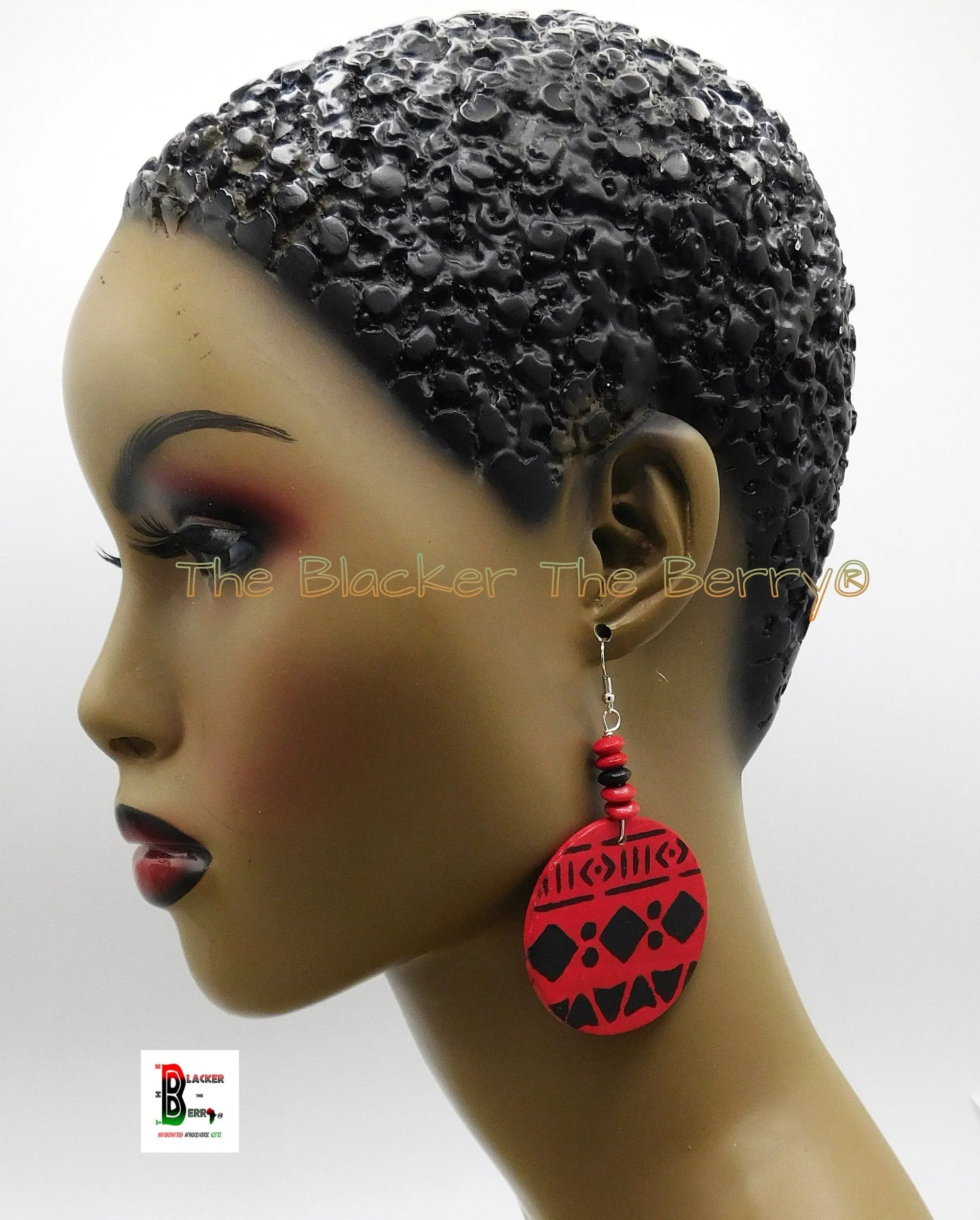 Wooden Earrings Ethnic Tribal Red Hand Painted Jewelry Black Dope Handmade Black Business